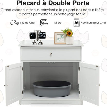 Enceinte De Bac À Litière Pour Chat Meubles De Toilette Cachés Pour Chat Avec Tiroir Et 2 Portes Table D'Appoint Pour Chat Blanc/Noir