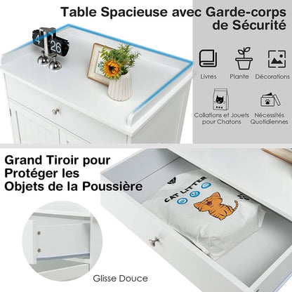 Enceinte De Bac À Litière Pour Chat Meubles De Toilette Cachés Pour Chat Avec Tiroir Et 2 Portes Table D'Appoint Pour Chat Blanc/Noir